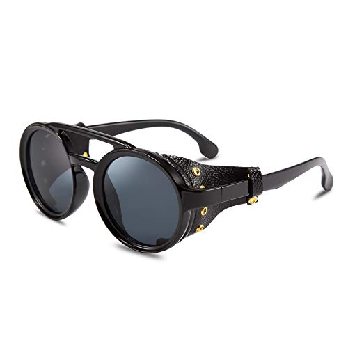 ▶ Retro Redondo Steampunk Gafas de Sol Mujeres Hombres Vintage Góticas Lentes de Sol Protectoras Laterales con Cuero B2532