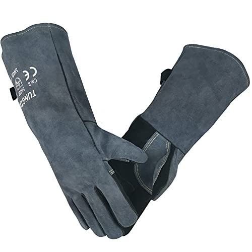 ▶ Guantes de soldador de forja de cuero/herrero/Mig/tig 16 pulgadas 932 °F resistentes al calor guantes a prueba de calor para barbacoa/parrilla/estufa/soldador TIG/Mig/soldadura con costuras de Kevlar manga larga gris