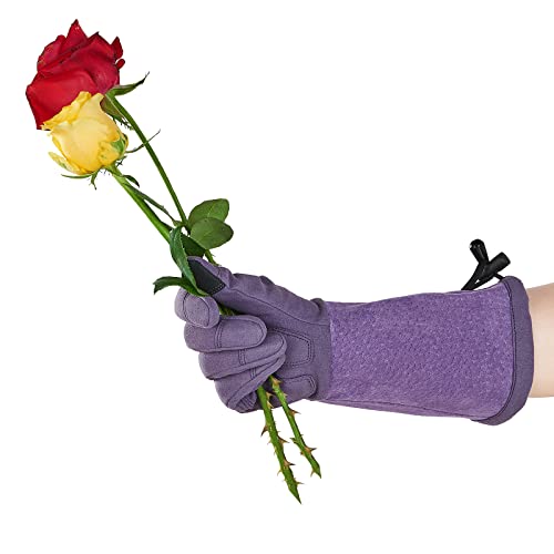 ▶ Guantes de jardinería para Mujeres con Palma de Cuero Sintético Guantes de Largo Puño de Cuero de Cerdo Dividido Anti Espina de Rosa, Arboles y Cactus (1Par, Púrpura, Talla L/G, SL6592W)