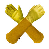 ▶ Guantes de jardinería  de cuero para mujeres, hombres y niños, transpirables, a prueba de espinas, con protección para el antebrazo, palmas de piel de oveja, mangas de cuero vacuno, guantes de trabajo de seguridad para jardín