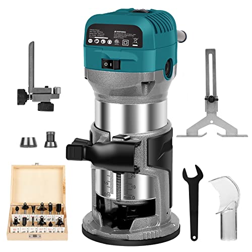 Herramienta de enrutador de madera de 6.5 amperios, enrutador compacto de 1.25 HP con 6 velocidades variables, base fija, 12 puntas de enrutador de madera,