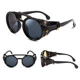 ▶ Retro Redondo Steampunk Gafas de Sol Mujeres Hombres Vintage Góticas Lentes de Sol Protectoras Laterales con Cuero B2532