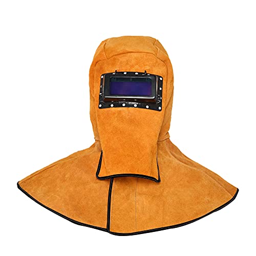 ▶ Capucha  soldador de cuero, capucha de soldador de cuero, casco de soldador con lente de filtro de oscurecimiento automático, casco de soldadura de gorra de trabajo, amarillo (cara completa + cobertura de hombro del cuello)