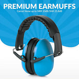 ▶ Orejeras de protección auditiva y reducción de ruido - Ligeras, ajustables y plegables NRR 20dB Protección auditiva de seguridad para disparar, trabajo con maquinaria pesada y caza Se adapta a adultos y niños, azul