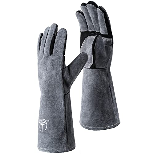 ▶ Guantes de soldador de 16 pulgadas y 1644 °F para soldadura Mig/Stick, forja de cuero resistente al calor con costuras Kevlar reforzadas pulgar y palma, guantes para soldador, horno, parrilla, soporte para ollas, chimenea, horneado, color negro y