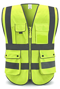 XIAKE SAFETY - Chaleco de seguridad de alta visibilidad clase 2 con bolsillos y cierre, norma ANSI/ISEA amarillo