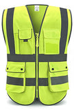 XIAKE SAFETY - Chaleco de seguridad de alta visibilidad clase 2 con bolsillos y cierre, norma ANSI/ISEA amarillo