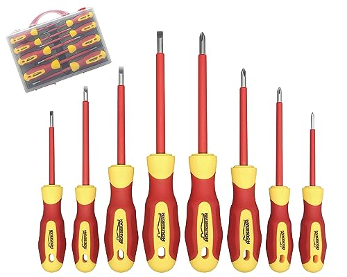 Juego de 8 Piezas Destornilladores Aislados con Estuche, Mango con Aislamientode 1000 V, Juego de Destornilladores Eléctricos Magnéticos, Phillips Ranurados/Plano