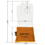 ▶ Guantes de  soldador Tig de piel de cabra con cuero de vaca extra largo, resistente al calor/fuego, barbacoa/almacén/resistente/guantes de manejo de animales, extremadamente suaves y flexibles, 1 par