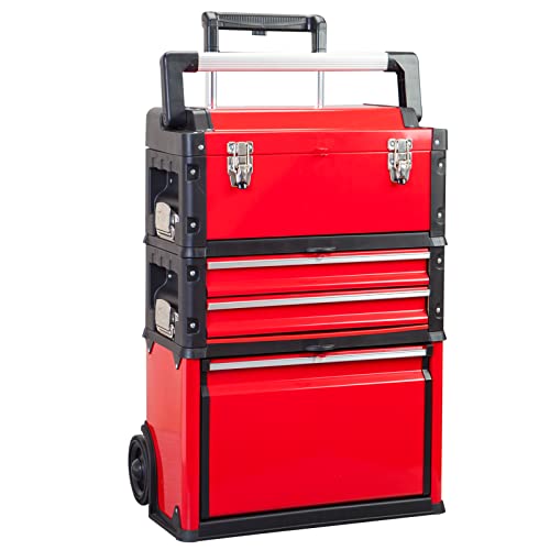 BIG RED Caja de herramientas de metal portátil apilable con ruedas y 2 cajones, caja de herramientas para cochera o taller, color rojo