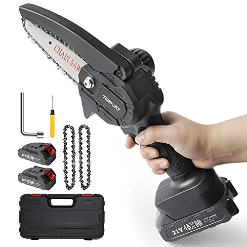 ▶ Mini Motosierra Inalámbrica de Mano de 21 V, Motosierra Eléctrica Portátil con 2 Batería Recargable, 1 Cargador y 1 Cadena, Sierra de Arbol Eléctrica para Jardinería, Agricultura y Rancho