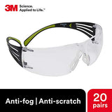 3M Gafas de seguridad, SecureFit, paquete de 20, ANSI Z87, lente transparente antiarañazos, marco verde/negro, patillas flexibles