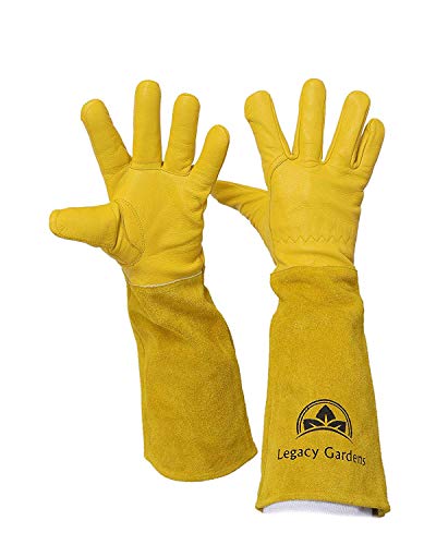 ▶ Guantes de jardinería  de cuero para mujeres y hombres | Guantes de trabajo de jardín a prueba de espinas y cortes con guantelete de larga resistencia | Adecuado para arbustos espinosos, poda de rosa cactus - amarillo medio