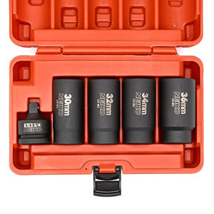 Juego de dados de impacto profundo de 1/2" (5 piezas, 12 puntos, métricas, 30 mm – 36 mm, adaptador de impacto, reductor de 3/4" a 1/2"
