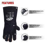 ▶Guantes de soldador de cuero vacuno superior de 14 pulgadas, resistentes al calor, guantes ignífugos, guantes para forja/parrilla/barbacoa/estufa/horno/chimenea/soldador Tig/horneado/jardinería/manipulación de animales con manga larga de 5.7 pulgad