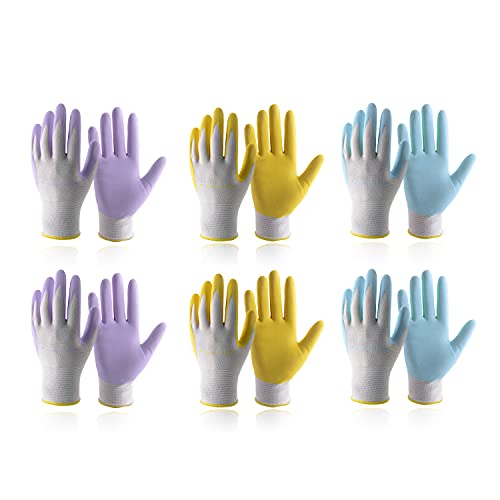 ▶ HANDLANDY Guantes de jardín para mujer, sin látex, 3 pares, transpirables, con revestimiento de nitrilo, pequeños, guantes de trabajo para patio (6 pares, 2 azules y 2 amarillos y 2 violetas)