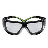 Gafas de seguridad 3M, SecureFit, ANSI Z87, interiores/exteriores, antiarañazos, lente espejo, marco verde/negro, junta de espuma extraíble, varillas flexibles