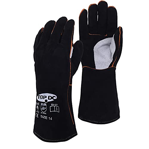 ▶Guantes de soldador de cuero vacuno superior de 14 pulgadas, resistentes al calor, guantes ignífugos, guantes para forja/parrilla/barbacoa/estufa/horno/chimenea/soldador Tig/horneado/jardinería/manipulación de animales con manga larga de 5.7 pulgad