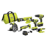 ▶ RYOBI  Juego de herramientas de iones de litio P1819 18V One+ (6 herramientas: taladro, destornillador de impacto, sierra de vaivén, sierra circular, multiherramienta, luz de trabajo LED, batería de 4.0 Ah y 1.5 Ah, cargador y bolsa) de Ryobi