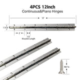 🔩 4 bisagras de piano de 12 pulgadas, bisagras continuas y de piano de acero inoxidable 304 resistente, 0.04 pulgadas de grosor, ancho abierto de 1.2 pulgadas, tornillos incluidos (12 pulgadas, plateado)
