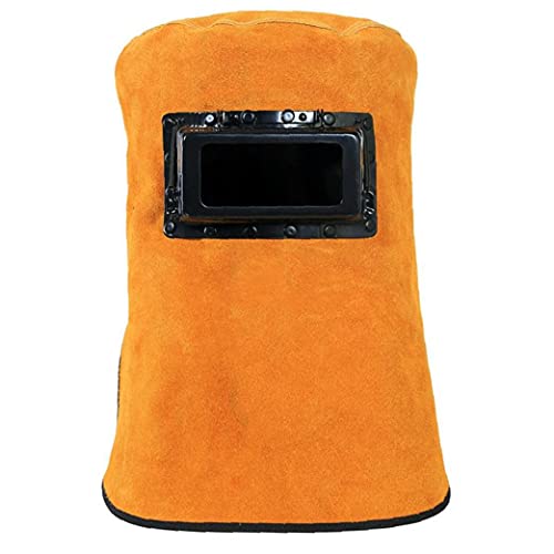 ▶ Capucha de Soldador Soldadura de la cara de la cubierta de la campana del soldador del casco de cuero resistente al calor con lente de filtro de protección de la cara del cuello de los ojos de la soldadora accesorios de