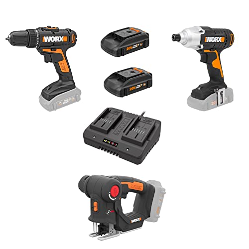 Juego de herramientas WORX WX911L 20V Controlador de impacto inalámbrico, taladro/controlador, sierra de calar AXIS de corte de precisión y 2 baterías recargables PowerShare Kit combinado