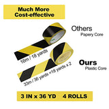 ▶ Cinta de seguridad de advertencia de peligro, 36 yardas x 2 cm x 4 rollos, color amarillo y negro, rollo de cinta de precaución, impermeable, antideslizante, no abrasiva, autoadhesiva, para piso de pared, piso, equipo de tuberías, fábrica