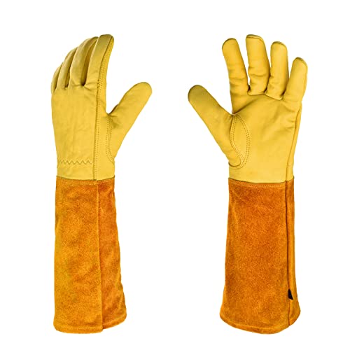 ▶ Guantes de jardinería, guantes largos de jardinería, guantes de jardín de trabajo de cuero, guantes de jardín para mujeres, guantes de jardinería para hombres, guantes de trabajo de cuero vacuno grueso y duradero. (Grande, amarillo)
