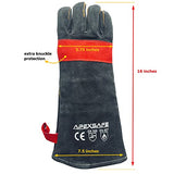 ▶ Guantes de soldador de forja de cuero, resistentes al calor y al fuego, guantes para Tig, Mig, barbacoa, horno, parrilla, chimenea, hornear, horno, estufa, soporte de ollas, soldador, guante de manejo de animales. Negro - 16 pulgadas