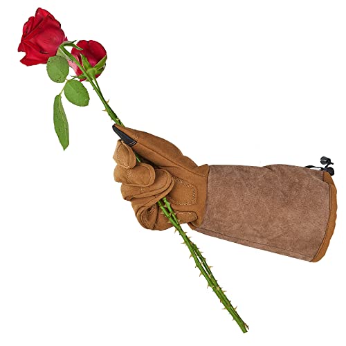 ▶ Guantes de jardinería  a prueba de espinas con puño de piel sintética de cerdo extendido de cuero sintético para hombre (Talla L/G, marrón, SL6592M)