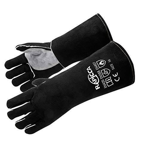 ▶ Guantes de soldador de cuero de 350 cm, resistentes al calor y al fuego, guantes para horno, parrilla, chimenea, horno, estufa, soporte para ollas, soldador Tig, Mig, BBQ, guante de manipulación de animales, color negro