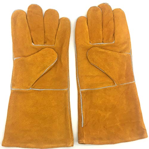 ▶ Guantes de Soldador- Resistentes al Calor y al Desgaste - for soldadores TIG/Mig/Chimenea/BBQ/Jardinería/Parrillas/Estufas (14 Pulgadas, Oro) Antideslizan