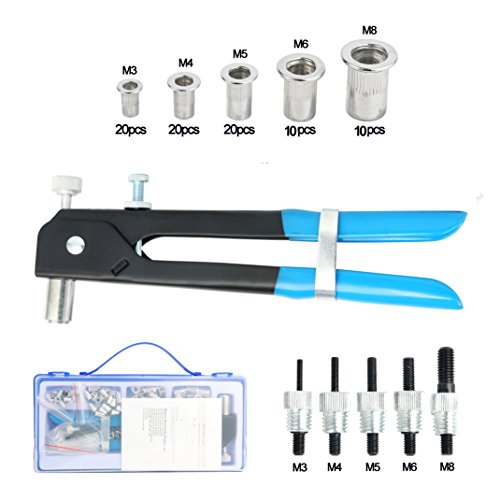 ▶ Juego de 86 tuercas de remache ciego resistente, herramienta de remache, pistola de tuerca de remache,, herramienta de inserción roscada de pistola de remache, herramientas de remachado con 80 tuercas de remache métricas surti