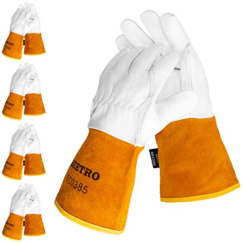▶ Guantes de  soldador Tig de piel de cabra con cuero de vaca extra largo, resistente al calor/fuego, barbacoa/almacén/resistente/guantes de manejo de animales, extremadamente suaves y flexibles, 1 par