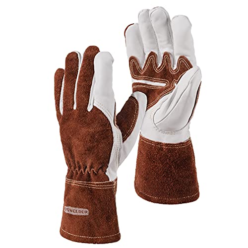 ▶ Guantes de soldador específicos TIG de cuero de grano de 12 pulgadas, guantes resistentes al calor y al fuego para soldador, guantes de piel de cabra para soldador, soldadura TIG, parrilla, chimenea, horno, barbacoa (M)