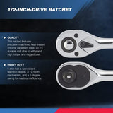 ▶ NEIKO Llave de carraca de 1/2 pulgada, carraca reversible de 72 dientes, carraca de liberación rápida de 1/2 accionamiento, llave de enchufe de cabeza ovalada de 10 pulgadas, llave de carraca de acero CR-V