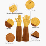 ▶ Guantes de jardinería, guantelete de protección larga para mujeres y hombres, guantes largos de cuero vacuno gruesos duraderos, poda de cactus rosa y arbustos espinosos (dorado, grande)