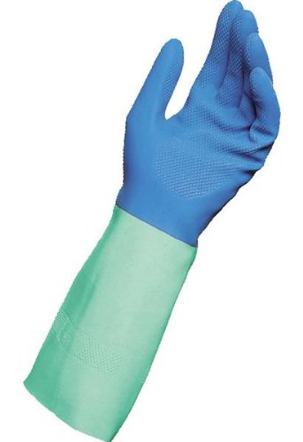 ▶ Guantes resistentes a los productos químicos Guante de nitrilo de mezcla de látex natural,  0,026 pulgadas de grosor, Resistente a los químicos, Azul/Verde, Tamaño 10