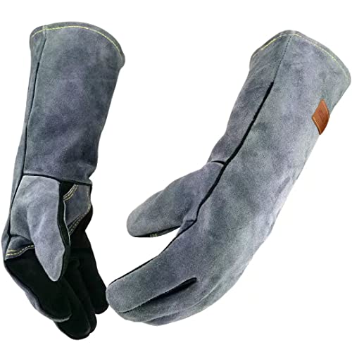 ▶ Guantes de soldador de forja de cuero, resistentes al calor y al fuego, guantes para barbacoa, horno, parrilla, chimenea, Tig, Mig, hornear, horno, estufa, soporte de olla, guante de manipulación de animales, color negro y gris