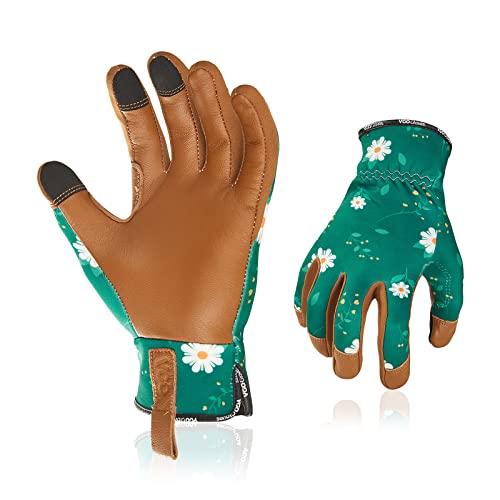 ▶ Guantes de jardinería  para mujer, guantes de trabajo de piel de cabra, protección contra cortes (talla S, verde oscuro, GA7476)
