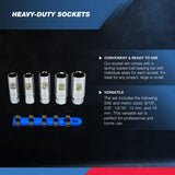 ▶ NEIKO  Juego de bujías de 3/8 pulgadas, 5 piezas, SAE y métrico, insertos de retención de goma, acero Cr-V, 14 mm, 18 mm, 9/16, 13/16, 5/8, juego de bujías de bujía profunda