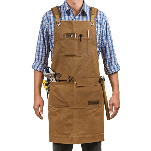 Herramientas Carpintería  Elegante Delantal Impermeable para Trabajo de lona encerada vintage retro | Mandil original de uso rudo para hombre y mujer (unisex), cruzado y con bolsillos | Ajustable hasta la talla XXL (Café)
