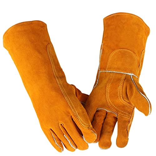 ▶ Guantes de soldador resistentes al calor, 16 pulgadas guantes de soldadura cuero de guantes de trabajo de seguridad de cuero para barbacoa, horno, soldador Tig, jardín y manejo de animales