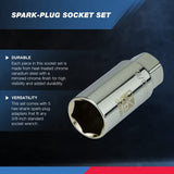 ▶ NEIKO  Juego de bujías de 3/8 pulgadas, 5 piezas, SAE y métrico, insertos de retención de goma, acero Cr-V, 14 mm, 18 mm, 9/16, 13/16, 5/8, juego de bujías de bujía profunda