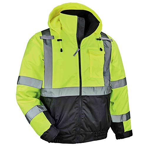 ▶ Ergodyne chamarra unisex de invierno reflectante de alta visibilidad para adultos, aislamiento Ergodyne GloWear 8377 tipo R clase 3, chamarra bomber acolchada color lima, talla L, color lima, talla L de EE. UU
