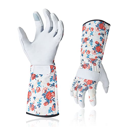 Vgo... 1-Par de Guantes de Jardinería de Genuino Cuero de Cabra, Protección de Puño Largo, Guantes de Agarre, Alta destreza (8/M, Blanco, GA9658-W)