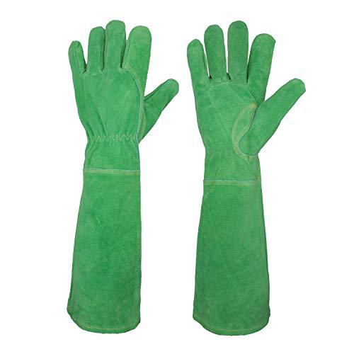 ▶ Guantes Jardinería  de poda de rosas para mujer, guantes de jardinería de cuero de vaca a prueba de espinas de manga larga, guantes de jardín (grande, verde)