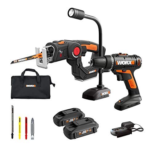 Juego de herramientas WORX WX912L - Taladro inalámbrico de 20 V WX101L, 20 V, inalámbrico, sierra multiusos AXIS WX550L y 20 V, luz LED flexible WX028L Combo Kit batería y cargador incluidos