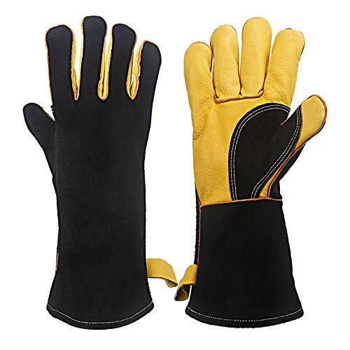 ▶ Guantes de soldador  piel resistentes al calor y al fuego con costuras de Kevlar, guantes perfectos para soldadura/horno/parrilla/barbacoa/chimenea/estufa/soporte para ollas/soldadora/manipulación de animales, (14 pulgadas-negro)