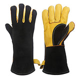 ▶ Guantes de soldador  piel resistentes al calor y al fuego con costuras de Kevlar, guantes perfectos para soldadura/horno/parrilla/barbacoa/chimenea/estufa/soporte para ollas/soldadora/manipulación de animales, (14 pulgadas-negro)